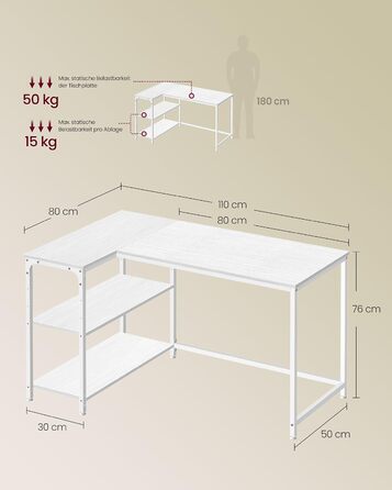Кутовий стіл VASAGLE L-подібний, комп'ютерний стіл, 110 x 80 см, білий клен (без мережевого фільтра)
