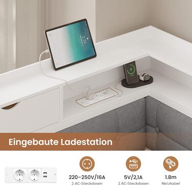 М&39яке ліжко-диван-ліжко 140x200 з 6 відділеннями для зберігання Дитяче ліжко 140x200 зі світлодіодним освітленням Кушетка з розетками Гостьове ліжко Каркас ліжка з металевою рейковою основою, матрац не входить до комплекту (білий) 140x200 см Білий