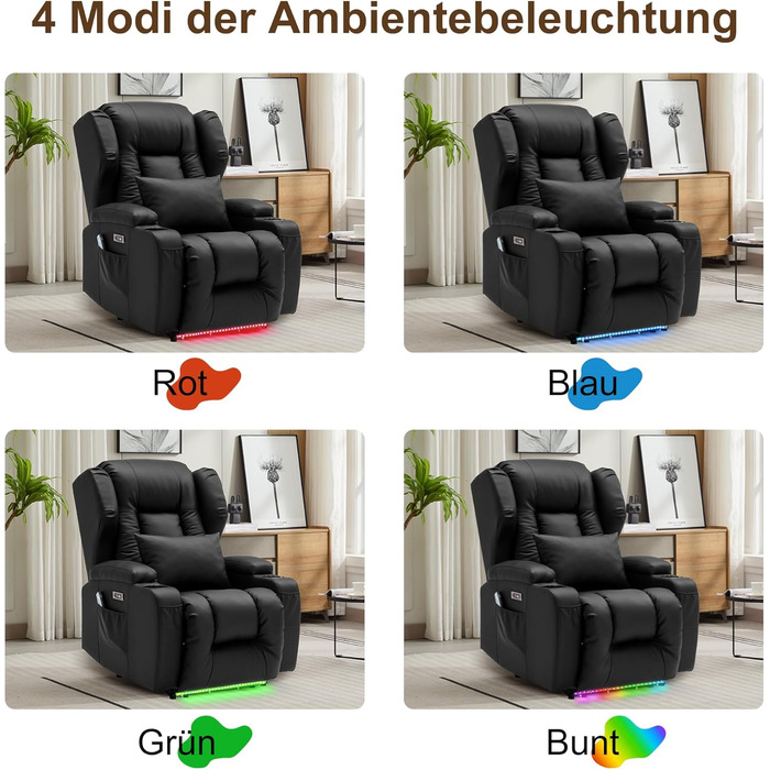 Електрично регульоване крісло-реклайнер з функцією відкидання спинки, крісло для телевізора зі штучної шкіри з масажем та підігрівом, сучасне кінокрісло зі світлодіодним підсвічуванням/USB, до 150 кг (чорне, 1 крісло-реклайнер з консоллю) Чорне 1 крісло-р