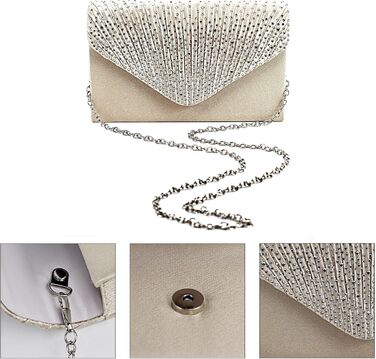 Блискуче клатч-конверт з сатину та стразами на ланцюжку для вечірки, весілля, балу. Бежевий колір. Модель 06269