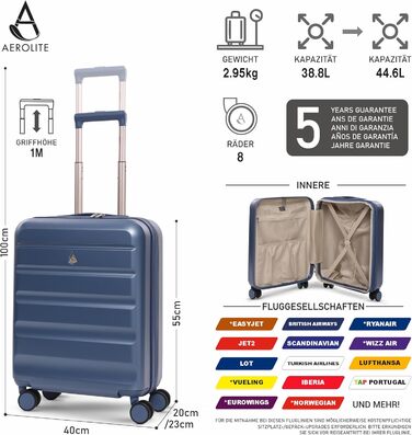 Розширювана валіза Aerolite з можливістю розширення від 55x40x20 см до 55x40x23 см, Lufthansa, Eurowings, Condor, Wizz, Air Priority та інші, максимальний розмір, легка, тверда, для ручної поклажі, 55x40x20 см, 55x40x23 см, з 4 колесами, синя, 55x40x20 см