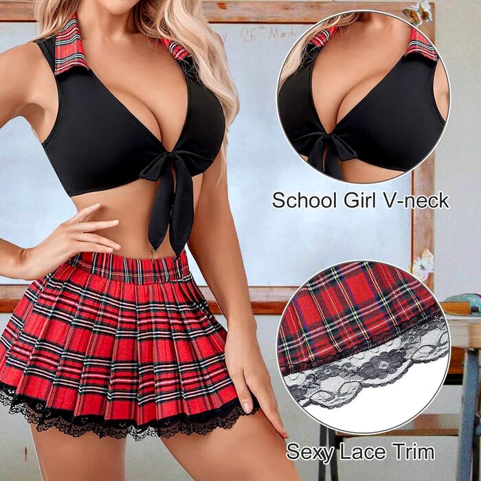 Костюм школярки з 2 предметів для рольової гри, косплей-набір з міні-спідницею-плісою, лялька, сексуальна студентська уніформа для Хеллоуїна, карнавалу та тематичних вечірок, жіноча нічна білизна чорного кольору