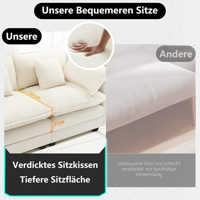 Подібний диван &quotХмара&quot, Модульний 4-місний секційний диван з оттоманкою, Сучасний диван з підлокітниками/декоративними подушками, Дихаюча тканина шенил, L-подібний диван для вітальні, Бежевий 240 см - L Бежевий