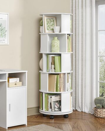 Книжкова полиця Hzuaneri, поворотна на 360, 5-рівнева вертикальна полиця для зберігання, сучасна окремостояча полиця, декоративна полиця на колесах, для вітальні, кабінету, офісу, 45 x 45 x 161,5 см, біла BC54003X