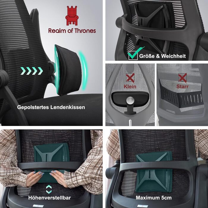 Ергономічне офісне крісло Captain Realm of Thrones, міцна сталева основа, складні підлокітники, регульована поперекова підтримка, дихаюча сітчаста спинка, зручна подушка сидіння, стілець (чорний) чорного кольору, сучасний