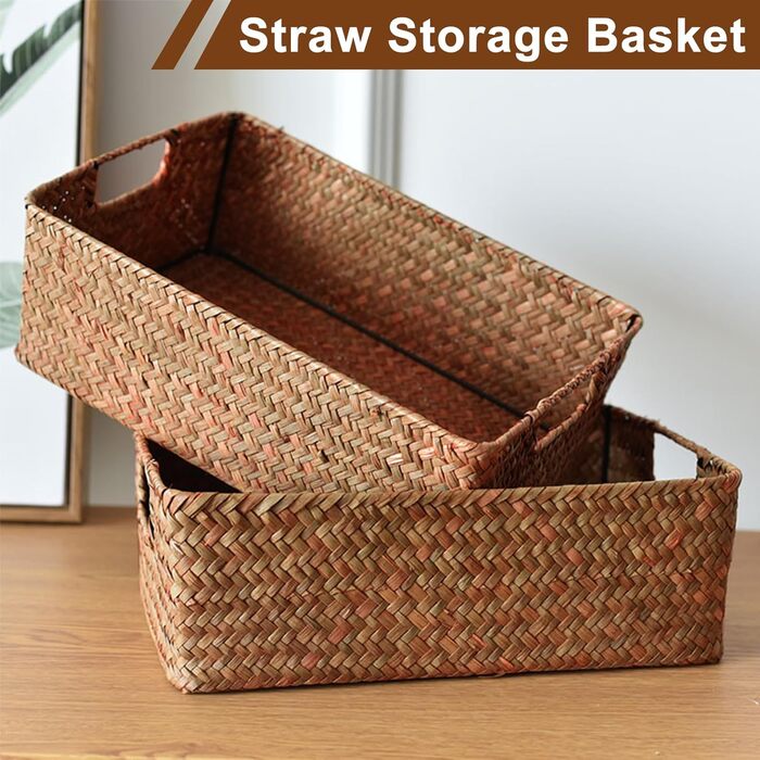 Набір кошиків для зберігання морської трави з 2 предметів, плетений кошик для зберігання, 34x23x11 см, квадратний плетений кошик, плетені кошики для спальні, ванної кімнати, комори