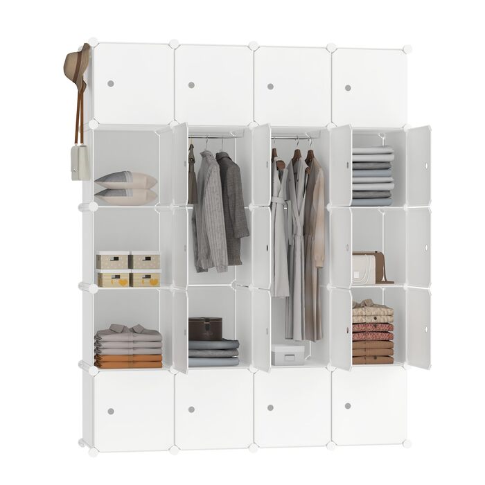 Система полиць для гардеробу своїми руками, взуттєва полиця з рейкою для одягу, модульна комбінована шафа, компактна вставна система полиць, портативна складана шафа для книг з дверима (20 кубів, бежевий колір) бежевий, 20 кубів