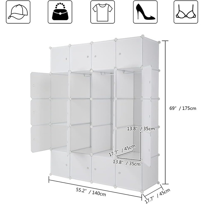 Пластикова шафа Bonnlo, система полиць своїми руками, портативна шафа, полиця з дверима, модульна полиця на 20 кубів з 3 рейками для одягу, біла, 142x47x178 см
