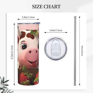 Кухоль з прямою трубочкою, дизайн корови та полуниця, друкований, дорожній кухоль, підходить для кемпінгу, офісу та дому, 590 мл