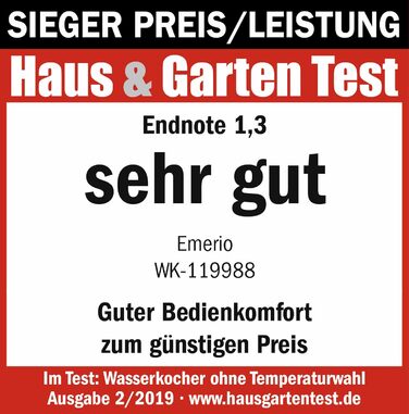 Скляний чайник EMERIO ємністю 1,7 л 2200 Вт синє світлодіодне внутрішнє освітлення підставка на 360 Переможець тесту Ціна/якість д