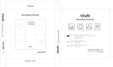 Персональні ваги Vitafit Body Fat Scale з додатком 180 кг, шкала складу тіла з Bluetooth, ваги для людей з жиром і м'язовою масою, ІМТ, білок, BMR, чорна шкала жиру в організмі чорна