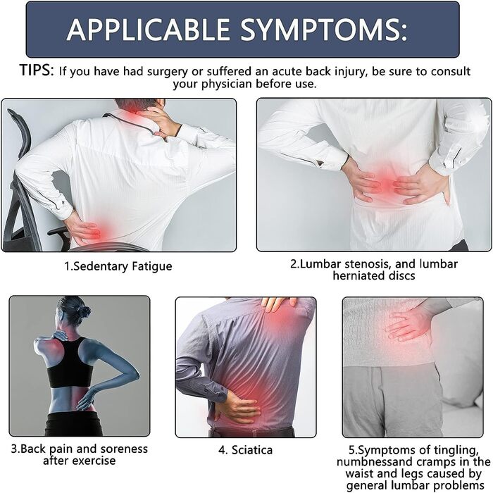 Електричний пристрій для витягування попереку, масажер для спини на талії з динамічною подушкою безпеки, поперековий розтягувач для полегшення болю в спині, 3-рівневі вібрації, теплова терапія від 113 до 149 F (від 45 до 65 C)