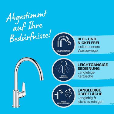Кухонний змішувач GROHE StartCurve (поворотний на 360, економія води, монтаж без інструментів), хром, 31554001