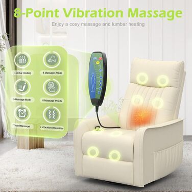 Крісло для телевізора, масажне крісло з функцією відкидання, крісло для релаксації з підігрівом та масажем, крісло для телевізора з поворотом на 360 для вітальні, крісло-гойдалка з м&39яким підголівником, 2 бічні кишені, ПУ кремово-білий колір