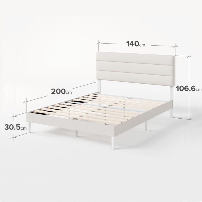 Ліжко Zinus Piper з м&39якою поверхнею 140x200 см з узголів&39ям - Високе ліжко 30 см 140x200 з дерев&39яною рейковою основою - Компактне пакування та легке складання - Кремово-білий 140200 см