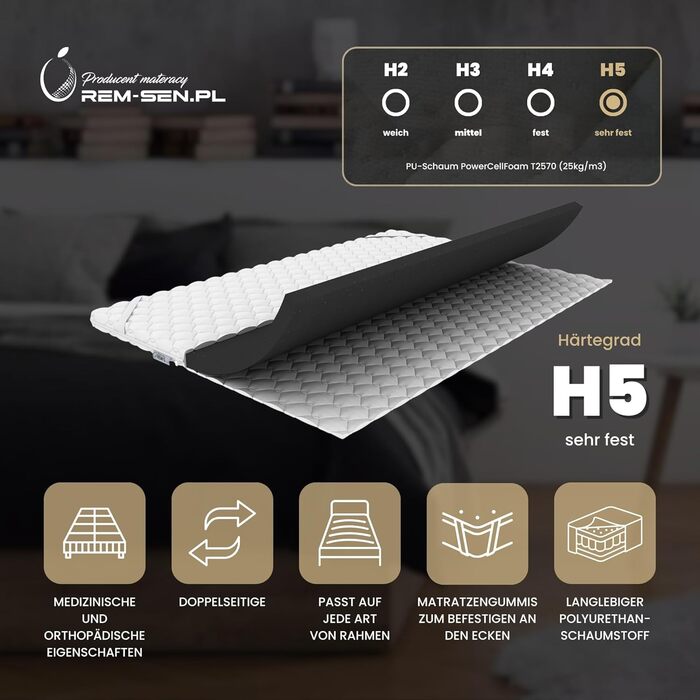 Наматрацник REM-Sen, 90x200 см, висота 6 см, рівень жорсткості 5 (H5). Виготовлений з дуже міцного пінополіуретану з тришаровим мембранним покриттям. Підходить для диванів або будь-якої іншої зони відпочинку. Сертифіковано Oeko-Tex. H5 90 x 200 см