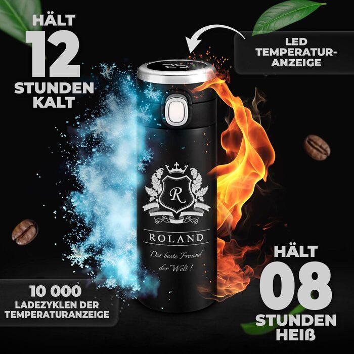 Пляшка для води Maverton з гравіюванням 400 мл - Герметична 100 водонепроникна термокружка - Сенсорний світлодіодний дисплей - Термос з нержавіючої сталі - Для чоловіків - Подарунки на день народження - Різдвяні подарунки - Чорна - Літера