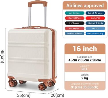 Маленька легка валіза KONO з твердої оболонки 16 дюймів з ABSPC та кодовим замком, ручна поклажа на 4 колесах для Ryanair та easyJet, 45x35x20 см, кремово-білий колір