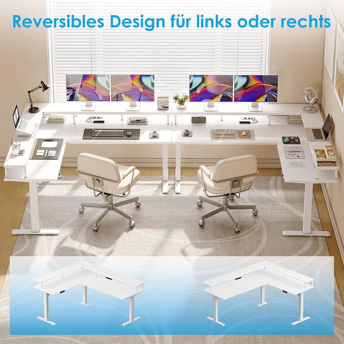Кутовий письмовий стіл OffiGo, регульована висота, 150x120 см, стіл з регульованою висотою та розеткою, електричний L-подібний стіл з підставкою для монітора, білий 150 x 120 см