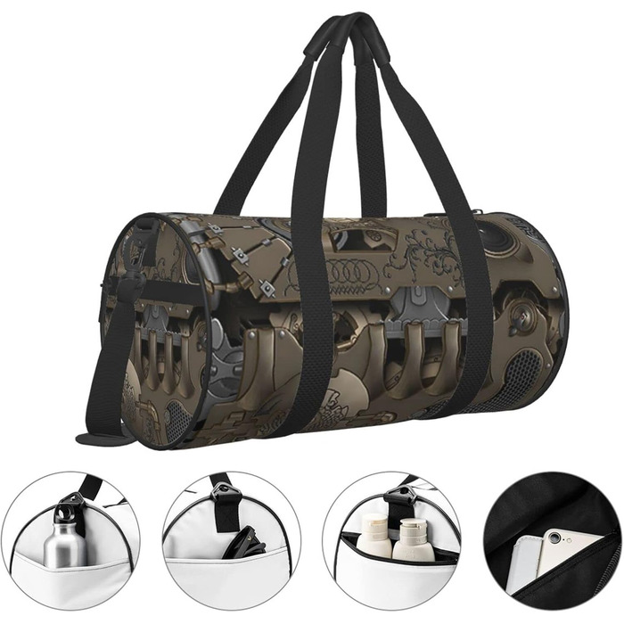 Спортивна сумка, дорожня сумка, стиль стімпанк, з механічними шестернями, принт, сумка на нічліг, чорна, універсальний розмір, сумка для подорожей