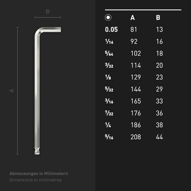 Набір шестигранних L-подібних ключів (дюймові) 10 шт. , 0,05-5/16', з кульковою головкою - зроблено в Німеччині, 70419