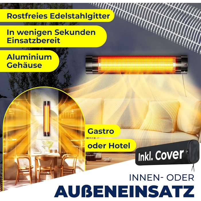 Інфрачервоний обігрівач KESSER потужністю 2500 Вт з пультом дистанційного керування, 3 режими нагріву, миттєвий нагрів, настінне кріплення, обігрівач для патіо, кварцовий обігрівач, обігрівач для патіо, захисний чохол, таймер - чорний
