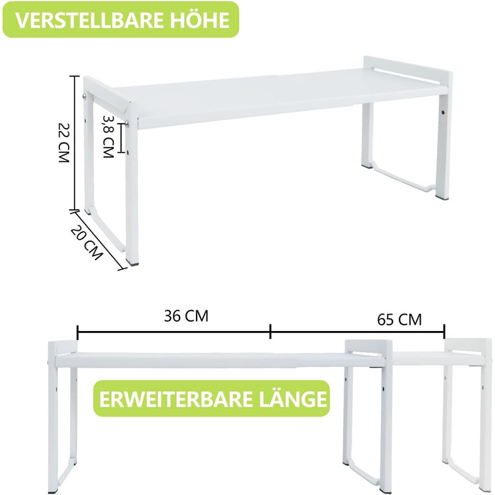 Розширювана полиця для шафи, 66 см, штабелюваний органайзер для кухонної стільниці, кухонна полиця для спецій, полиця для комори, регульований органайзер для шафи, полиця для зберігання речей для кухні та офісу (2 шт., білий M) Білий 2 шт., білий M
