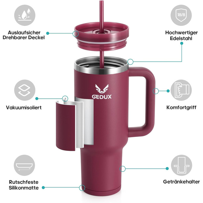 Пляшка для пиття об&39ємом 1,2 л з трубочкою - Термокружка з ручкою, що запобігає протіканню - Двостінна вакуумна ізоляція - Термокружка з трубочкою та кришкою, що захищає від бризок (темно-червона)