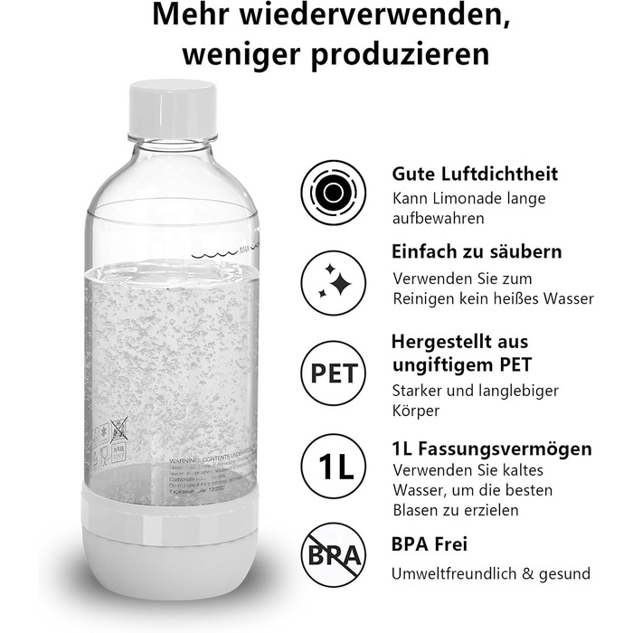 Пляшки з газованою водою Pinci Duo Pack, змінні пляшки для газованої води для виробника газованої води, без бісфенолу А, багаторазова герметична конструкція з різьбовим з'єднанням, ПЕТ пластикова пляшка з-під газованої води 2x1 л (чорнийбілий)