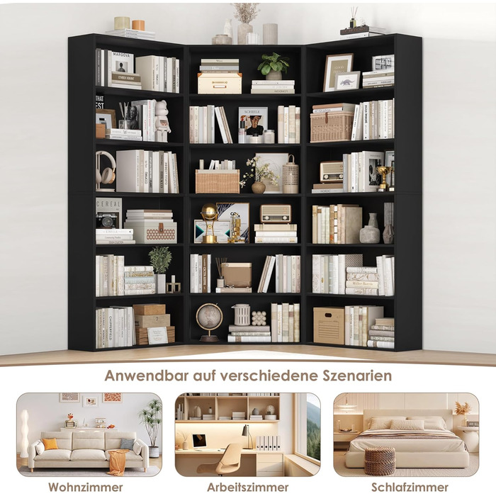 Книжкова полиця FirFurd, дерев&39яна полиця з 6 відділеннями, полиці, книжкова шафа, полиця для зберігання для вітальні, кабінету, виготовлена з дерева, 180 x 60 x 23,5 см, чорна