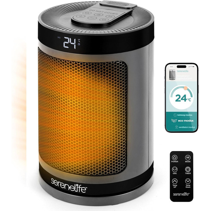Керамічний обігрівач SereneLife 1500W PTC, безшумний та енергоощадний, WiFi термостат з пультом керування, осциляція 70, сірий