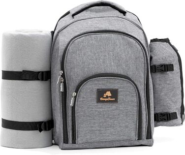 Рюкзак для пікніка CampFeuer з 32 предметів Набір для пікніка для 4 осіб Сірий з тримачем для пляшок, ковдрою для пікніка, відділенням для холодильника та посудом для кемпінгу Рюкзак для відпочинку, рюкзак для кемпінгу