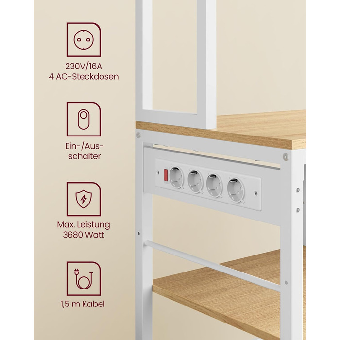Кухонна полиця VASAGLE з розетками, окремостояча полиця, 40 x 100 x 180,4 см, полиця для випічки, регульовані полиці, шухляда для тканини, 12 гачків, кухня, Золотий дуб-хмарно білий KKS027Y02 40Г x 100Ш см Золотий дуб хмарно білий