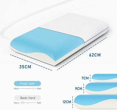 Подушка ROYGBIV з піни з ефектом пам&39яті 62x35x12 см - Ергономічна універсальна ортопедична подушка для підтримки шиї - Дихаюча, гіпоалергенна, чохол, що прається - Сертифіковано Oeko-TEX 62x35x12 см