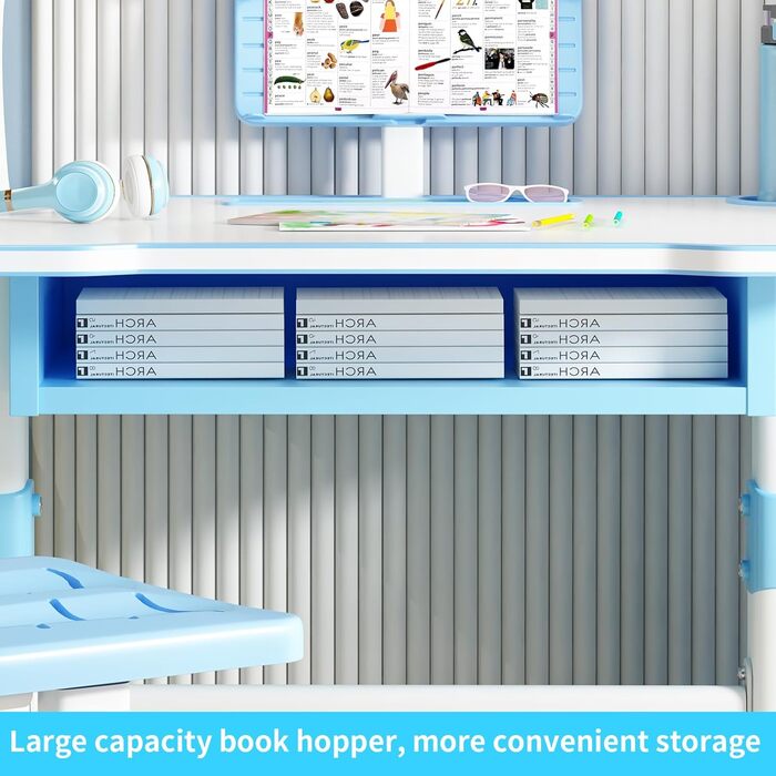 Комплект дитячого столу та стільця з регульованою висотою Ергономічний навчальний стіл для дітей віком від 3 років, стіл з похилою підставкою для читання, світлодіодною лампою та великою шухлядою (синій)