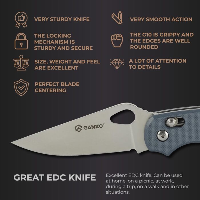 Складний кишеньковий ніж Ganzo G729-GY, лезо з нержавіючої сталі 440C, ергономічна рукоятка G10 з кліпсою, полювання, риболовля, к