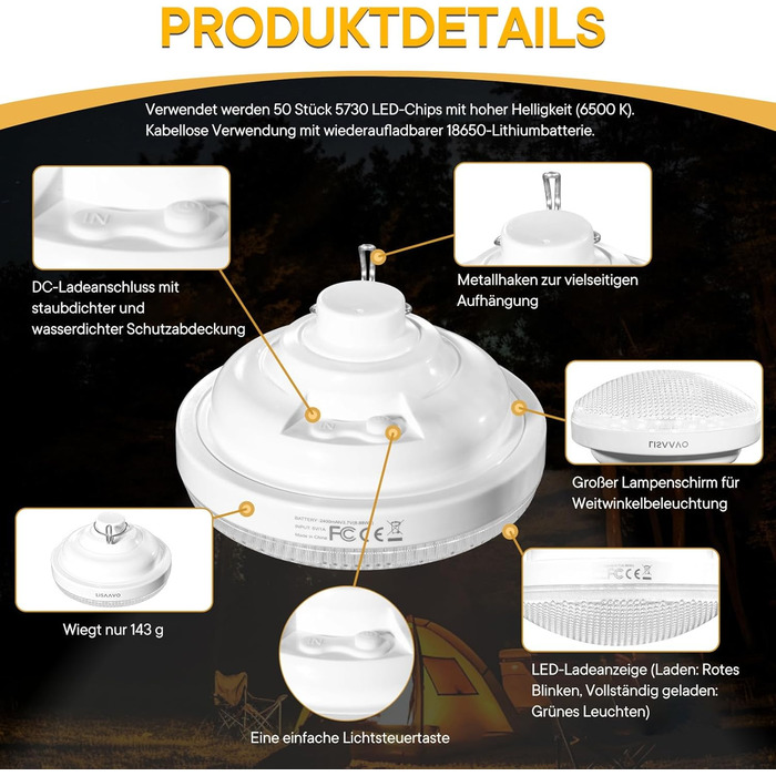 Ліхтарі для кемпінгу, 2 електричні кемпінгові ліхтарі, 2400 мАг, круглі бездротові акумуляторні світлодіодні вуличні ліхтарі, 2 шт.