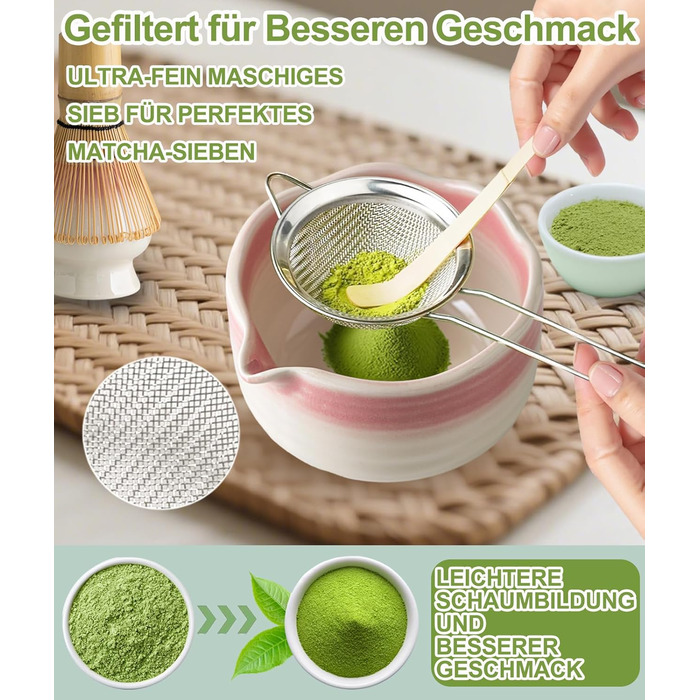 Набір для матча JBER Рожевий Градієнт бамбуковий вінчик (часен), чаша для матча з носиком, підставка для вінчика, ситечко, ложка та підставка, японський набір для поціновувачів матча