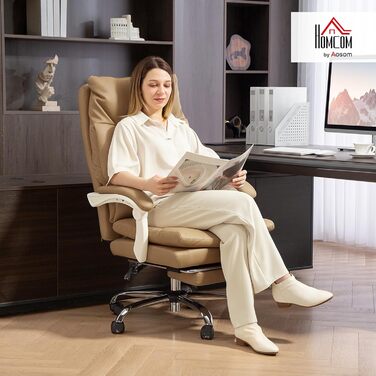 Офісний стілець HOMCOM Ергономічне робоче крісло з поперековою опорою, складні підлокітники, підставка для ніг, регульоване по висоті поворотне крісло з функцією відкидання, штучна шкіра, м&39яке комп&39ютерне крісло, світло-коричневий