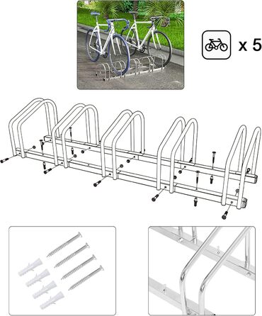 Велосипедна стійка на 5 велосипедів Кріплення для велосипеда на землю Стійка для підвіски велосипеда Металевий тримач для велосипеда FZ1139m3 5 велосипедів срібло