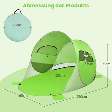 Пляжний намет GOPLUS, розкладний пляжний намет для 3-4 осіб, намет, що кидається, з сонцезахисним тентом та вітрозахисним захистом, легкий та портативний з сумкою для перенесення, сонцезахисний намет для сімей, пляжу, кемпінгу, газону, саду (зелений)
