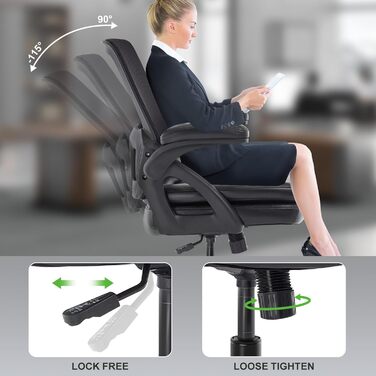 Офісний стілець, стілець для столу, обертовий стілець із сітчастою оббивкою, ергономічний, поперекова підтримка, сидіння 72 см, складні підлокітники, для офісу, домашнього офісу, кабінету, чорний