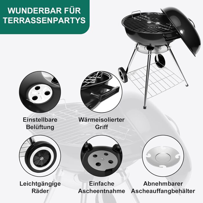 Гриль-мангал вугільний HYCHIKA, Ø47 см (18 дюймів), круглий вертикальний, компактний з кришкою та колесами для саду, балкону, кемпінгу та відпочинку на природі