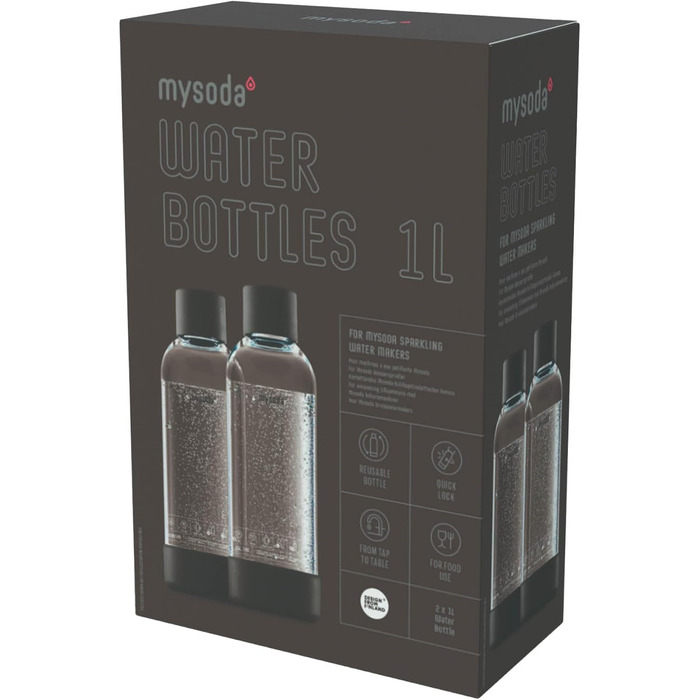 Багаторазова пляшка для води для виробника газованої води, пластик без бісфенолу А, з швидкознімним замком Quick-Lock, деталі з дерев'яного композиту, 2 x 1 л - чорний EU-2PB10-B