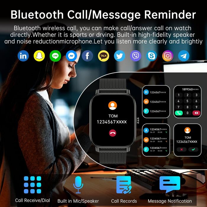 Розумний годинник для чоловіків та жінок з функцією телефону Bluetooth-годинник з функцією дзвінків, водонепроникний розумний годинник, фітнес-трекер з монітором серцевого ритму, монітор сну, крокомір, спортивний годинник, Android/iOS, чорний
