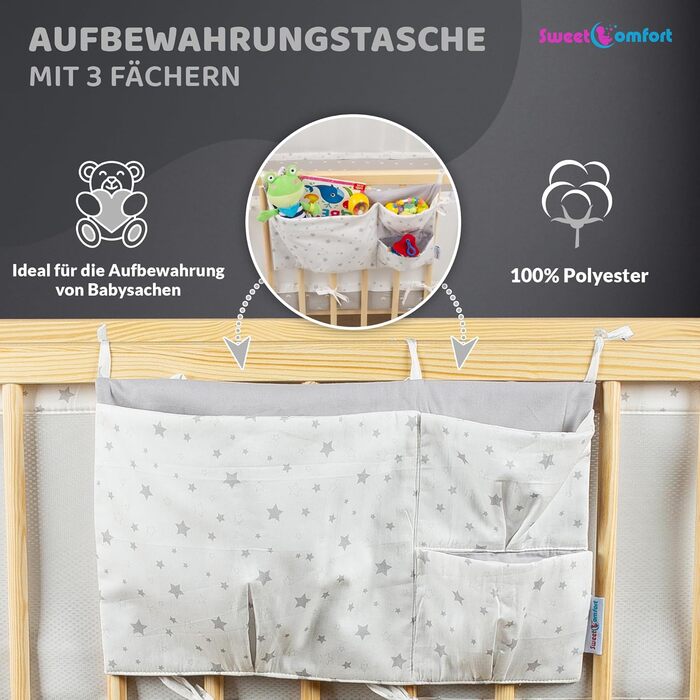 Бортик для дитячого ліжечка SweetComfort Дихаючий, з кишенею для зберігання - Підходить для ліжечок 60x120 та 70x140 см - Зоряно-білий - Регульовані застібки-липучки - Для 3- та 4-сторонніх ліжечок