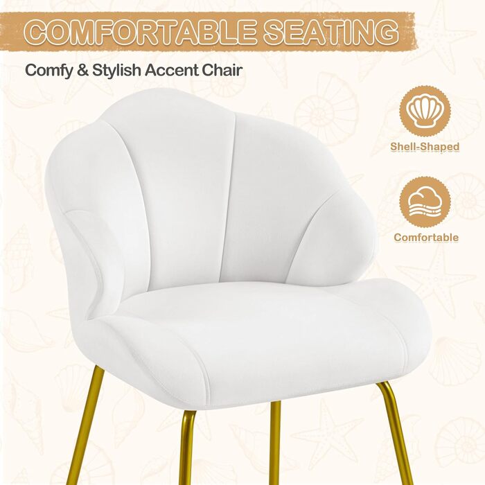 Крісло Yaheetech, крісло-шезлонг у формі мушлі, сучасне крісло з відкидною спинкою, м&39яке крісло з металевими ніжками, поліестер, для вітальні/туалетного столика/спальні, білий 1 білий