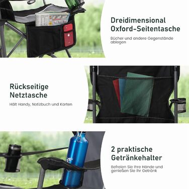 Складане кемпінгове крісло HIGH POINT SPORTS, Рибальське крісло, Розкладне, Вантажопідйомність 160 кг, Розкладне крісло з підлокітниками, Підставка для напоїв, Сталева рама, Портативне кемпінгове крісло, Чорне/Сіре