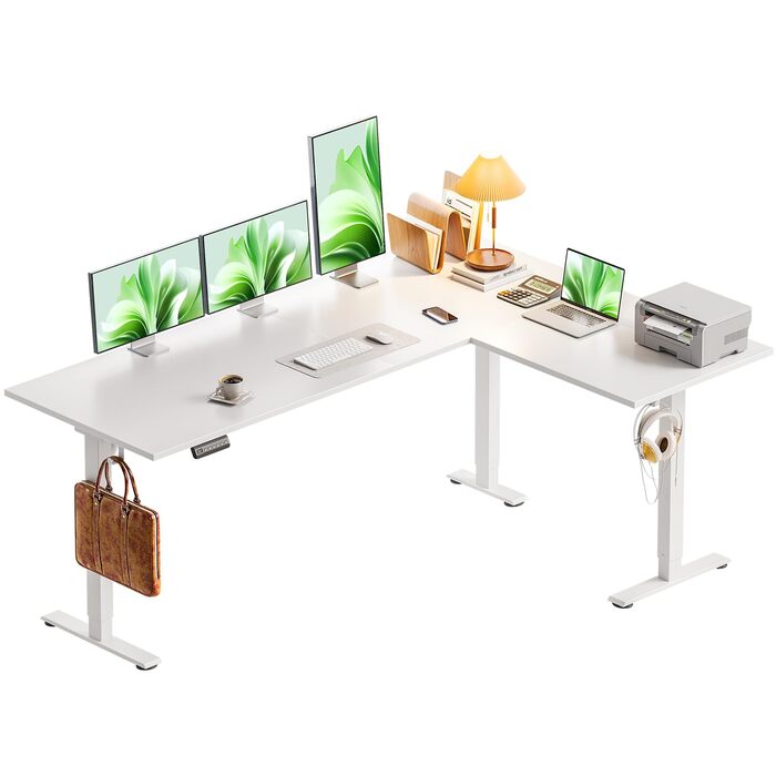 Подібний стіл OffiGo з регульованою висотою, 160 x 120 см, стіл з електричним регулюванням висоти, кутовий стіл, ергономічний стіл для роботи сидячи та стоячи, комп&39ютерний стіл, білий, 160 x 120 см