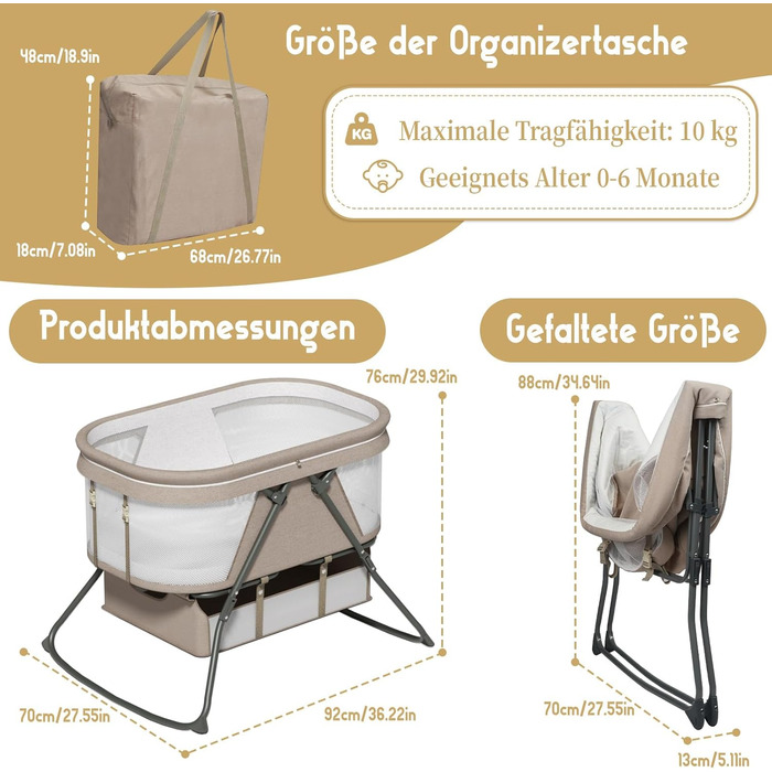 Дитяче ліжечко XJD Baby, складне дитяче ліжечко 2 в 1, колиска з кошиком для зберігання, дорожнє ліжечко з м&39яким матрацом, сумка для перенесення, москітна сітка, дитяча колиска для дітей від 0 до 6 місяців, від народження до 10 кг, хакі-хакі-1